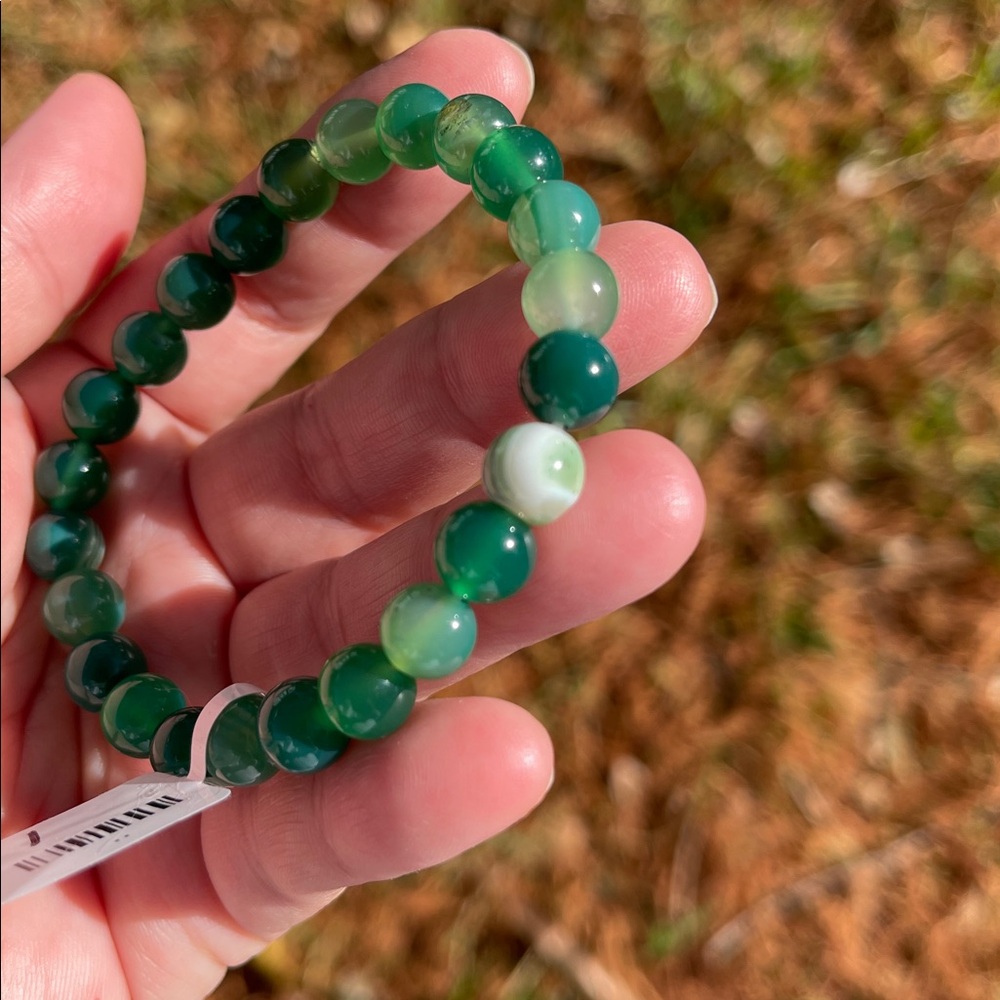NWT Natural Green Onyx Beaded Elastic Bracelet - Picture 6 of 8